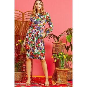 Onjenu Women’s Sydney Dress Mixed Print Long Sleeved Fitted Stretch Jersey Knee